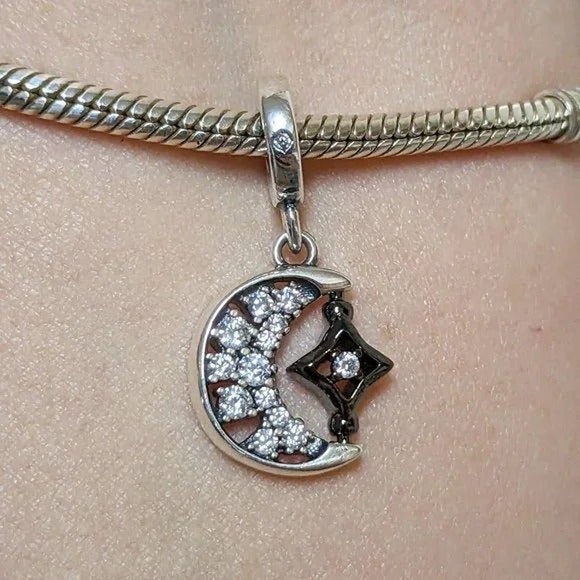 Pandora Sparkling Crescent Moon & Spinnable Star Dangle Charm - Picture 1 of 4